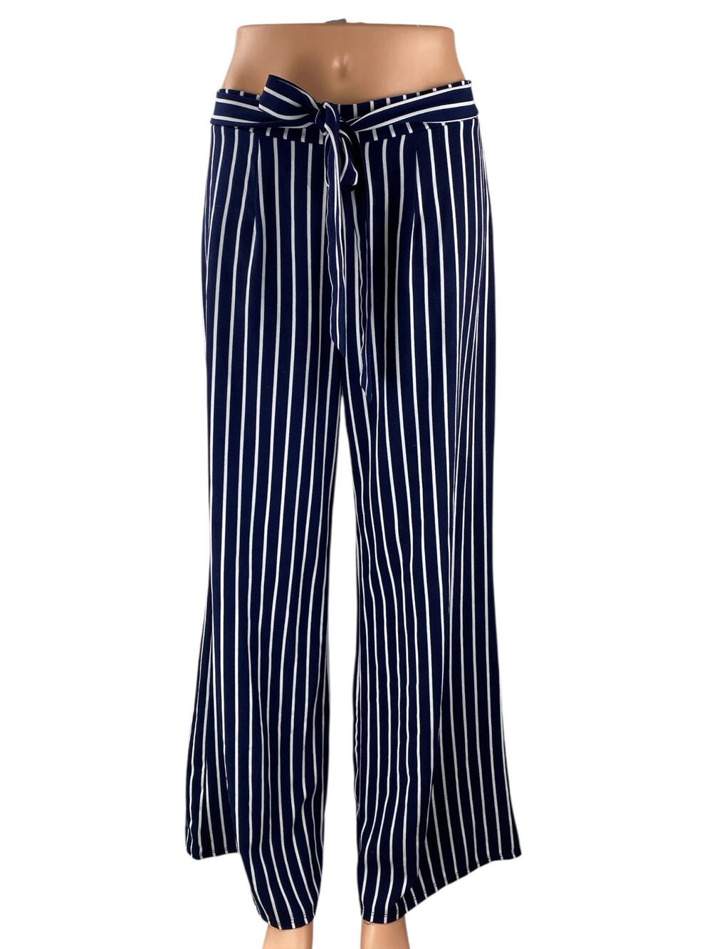 Shop 17 Womens Blue Stripe High Rise Tie Waist Palazzo Wide Leg Trousers Pants M